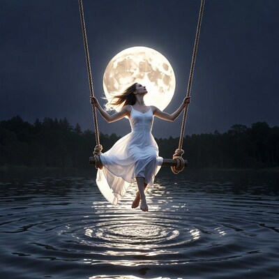 Woman swinging over lake under full moon