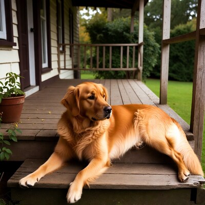 Golden Retriever lounging on porch steps