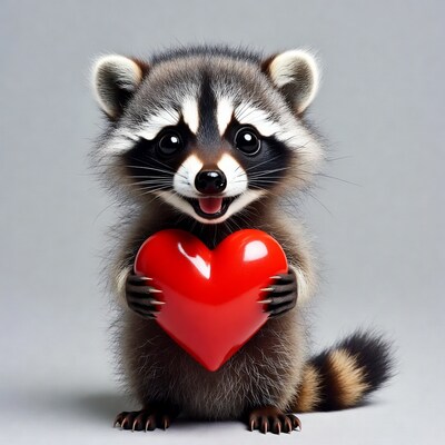Cute raccoon holding red heart