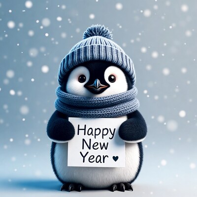 Cute penguin holding Happy New Year sign