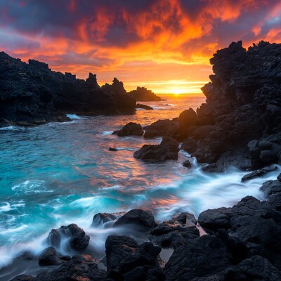 Sunset over turquoise waves and black lava rocks