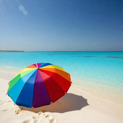 Rainbow Umbrella on Tropical Beach