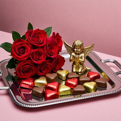 Roses, Cherub, Heart Chocolates on Tray