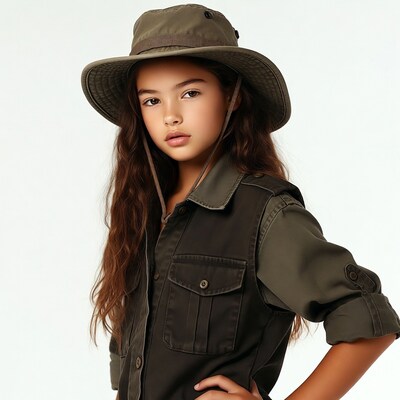 Girl in khaki hat and vest