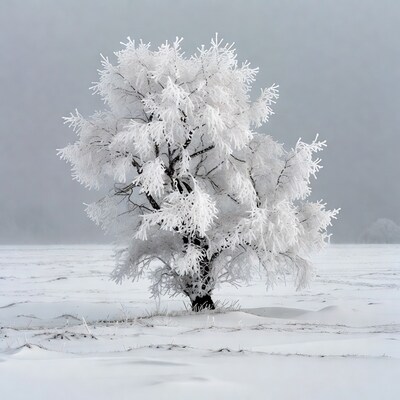 Snow-Covered Tree in Snowy Field
