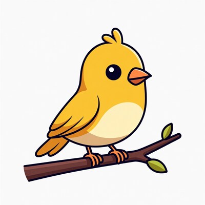 Cute yellow cartoon bird on branch