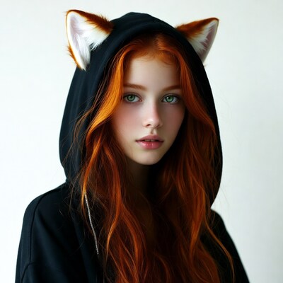 Girl with red hair in fox ear hoodie