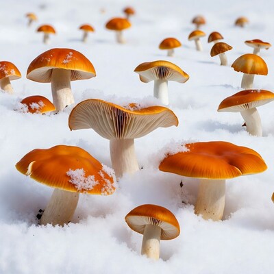 Orange mushrooms growing in snow