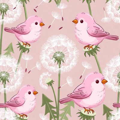 Pink Birds on Dandelion Stems Illustration