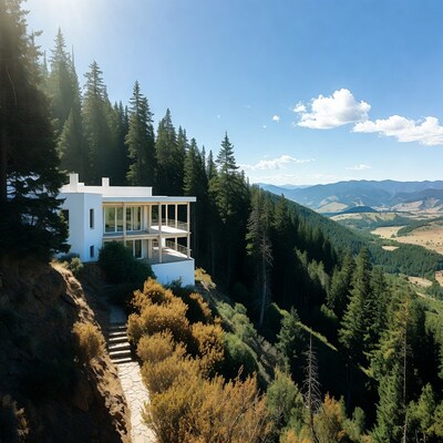 White modern house on forested mountain cliff