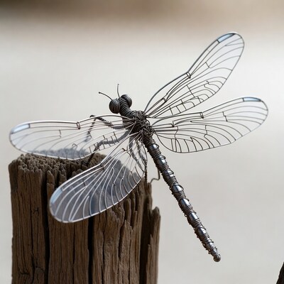 Wire dragonfly sculpture on wood