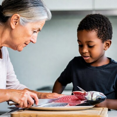 Elderly woman filleting fish with boy