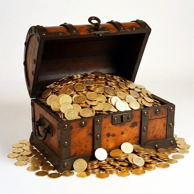 Open treasure chest overflowing gold coins