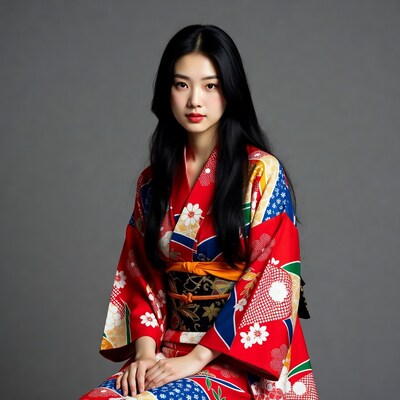 Asian woman in red kimono