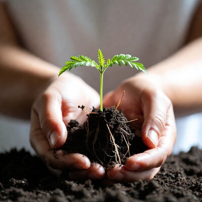 Hands holding young green seedling
