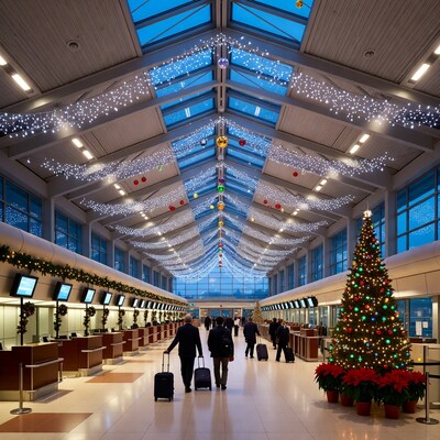 Christmas-decorated airport terminal with travelers