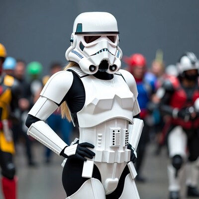 Blonde woman in sexy Stormtrooper cosplay