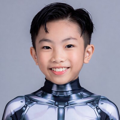 Asian boy in silver robot costume