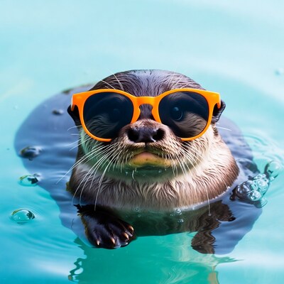 Otter wearing orange sunglasses in water
