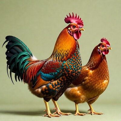 Colorful Rooster and Hen Standing Together
