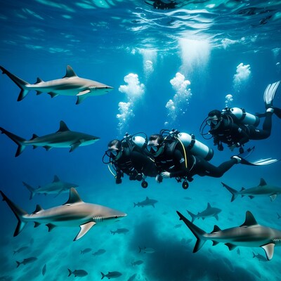 Scuba Divers with Blacktip Sharks Underwater