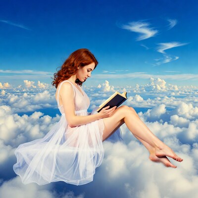 Redhead woman reading book on clouds
