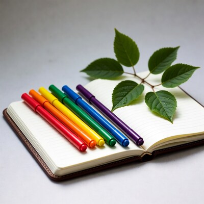 Rainbow markers on open notebook with leaves