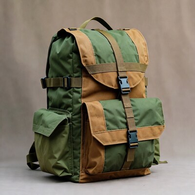 Green and Tan Backpack on Neutral Background
