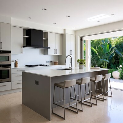 Modern Kitchen with Island and Tropical View