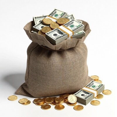 Money Bag Overflowing with Cash and Coins