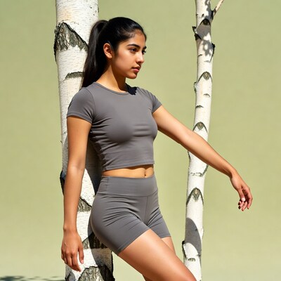 Indian woman in gray crop top leaning on birch trees
