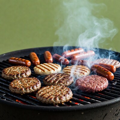 Grilled burgers and sausages on barbecue