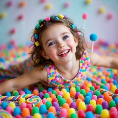 Girl smiling in colorful candy pit