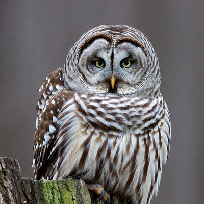 Barred Owl Perched on Mossy Tree