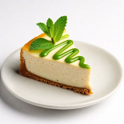 Cheesecake slice with mint garnish