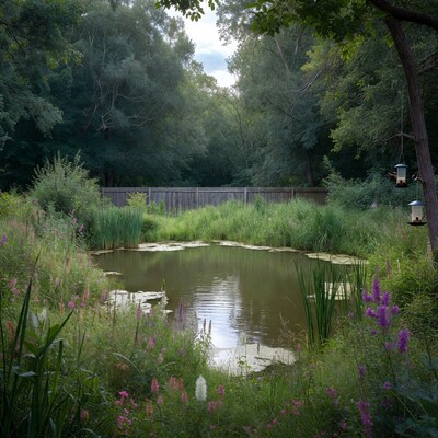 Pond with lily pads and wildflowers