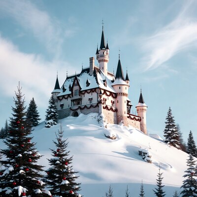 Snowy Fairy Tale Castle on Mountain