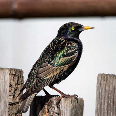 European Starling Perched on Fence Post