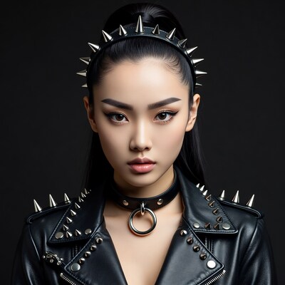 Asian woman in spiked leather jacket