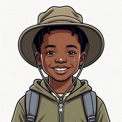 Smiling African boy in hat and backpack