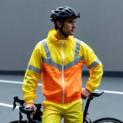 Man in yellow rain gear with road bike