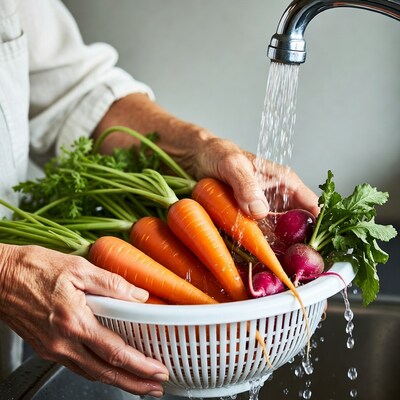 Elderly man washing carrots and radishes