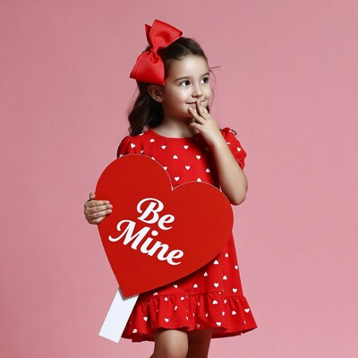 Girl holding Be Mine heart sign