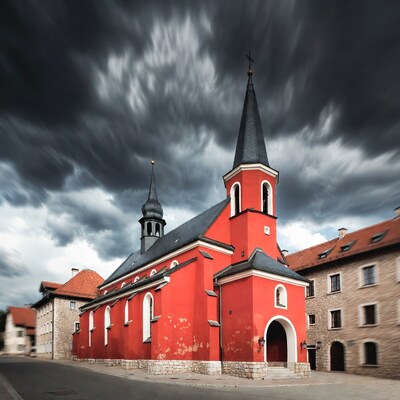 Red Church with Steep Towers in Stormy Sky