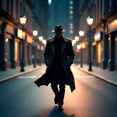 Man in trench coat walking rainy street