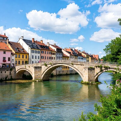 Colorful houses and stone bridge over river