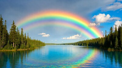 Rainbow over mountain lake