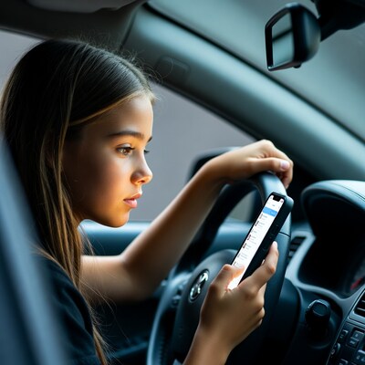Teen girl driving while using phone