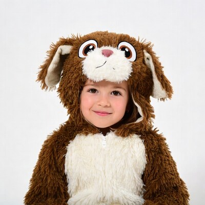 Girl in brown puppy costume