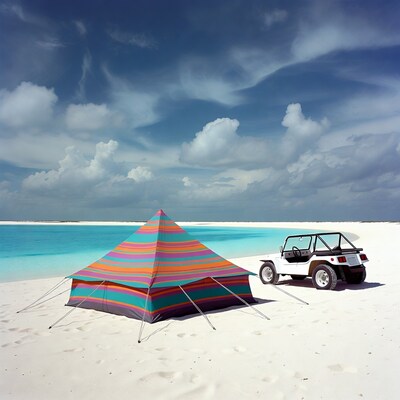 Colorful Striped Tent and Jeep on Beach